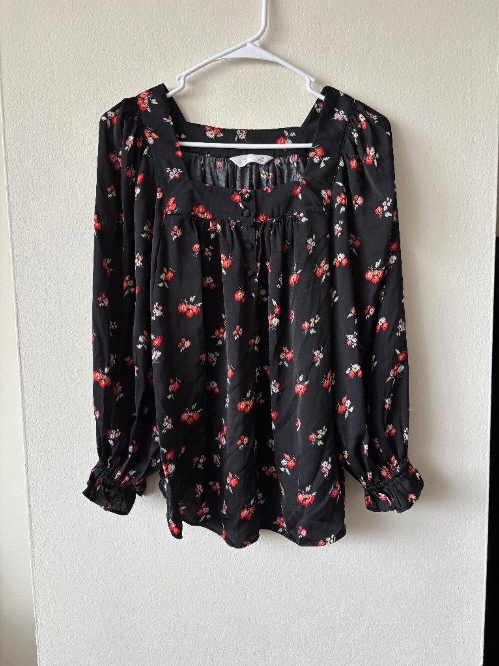 Lauren Conrad Black Satin Floral Long Sleeve Square Neck Top - Size XS